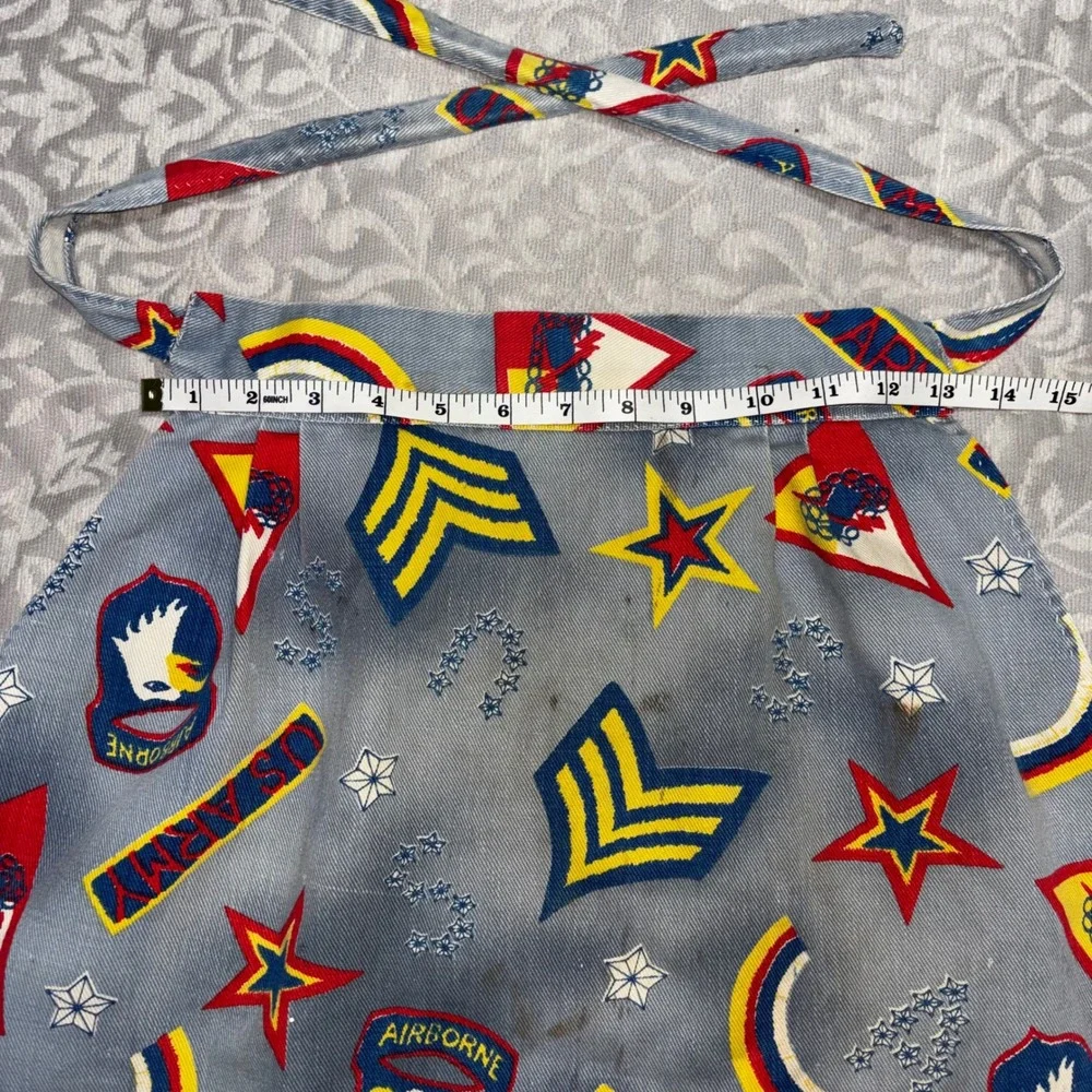 1960s Vintage Patriotic Military Print Half Apron Blue Twill Americana